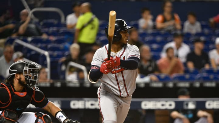 MIAMI, FL – JUNE 07: Ozzie Albies #1 of the Atlanta Braves singles in the second inning against the Atlanta Braves at Marlins Park on June 7, 2019 in Miami, Florida. (Photo by Mark Brown/Getty Images)