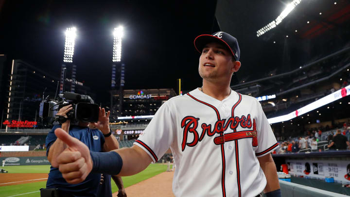ATLANTA, GEORGIA – MAY 15: Austin  Riley #27 of the Atlanta Braves is interviewed after his MLB debut in their 4-0 win over the St. Louis Cardinals at SunTrust Park on May 15, 2019 in Atlanta, Georgia. (Photo by Kevin C. Cox/Getty Images)