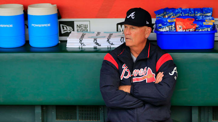 SAN FRANCISCO, CALIFORNIA - MAY 20: Manager Brian Snitker #43 of the Atlanta Braves sits in the dugout prior to the game against the San Francisco Giants at Oracle Park on May 20, 2019 in San Francisco, California. (Photo by Daniel Shirey/Getty Images)