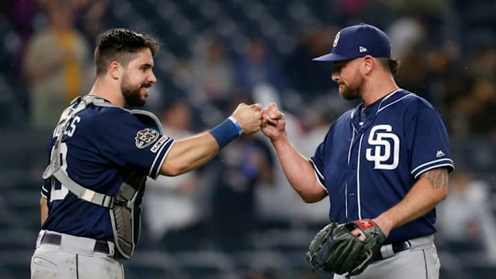 NEW YORK, NEW YORK - MAY 28: Austin Hedges #18 and Kirby Yates #39 of the San Diego Padres celebrate after a win over the New York Yankees at Yankee Stadium on May 28, 2019 in New York City. (Photo by Jim McIsaac/Getty Images)