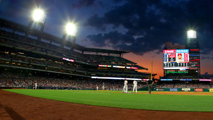 PHILADELPHIA, PA - JULY 26: Nick Williams #5 of the Philadelphia Phillies bats against pitcher Mike Soroka #40 of the Atlanta Braves as the sun sets during the fifth inning of a game at Citizens Bank Park on July 26, 2019 in Philadelphia, Pennsylvania. The Braves defeated the Phillies 9-2. (Photo by Rich Schultz/Getty Images)