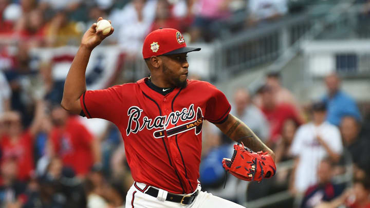 ATLANTA, GEORGIA – JULY 05: Julio Teheran #49 of the Atlanta Braves pitches in the second inning against the Miami Marlins at SunTrust Park on July 05, 2019 in Atlanta, Georgia. (Photo by Logan Riely/Getty Images)