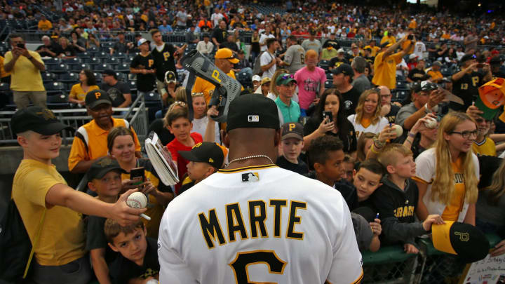 PITTSBURGH, PA – SEPTEMBER 07: Starling  Marte #6 of the Pittsburgh Pirates signs autographs before the game against the St. Louis Cardinals at PNC Park on September 7, 2019 in Pittsburgh, Pennsylvania. (Photo by Justin K. Aller/Getty Images)