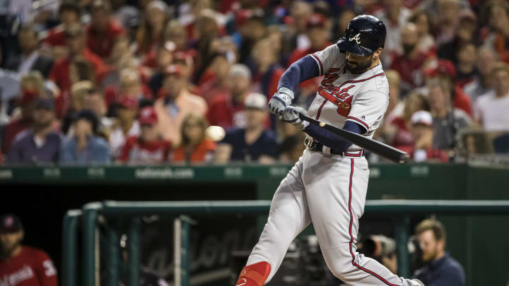 WASHINGTON, DC – SEPTEMBER 13: Nick Markakis #22 of the Atlanta Braves singles against the Washington Nationals during the second inning at Nationals Park on September 13, 2019 in Washington, DC. (Photo by Scott Taetsch/Getty Images)