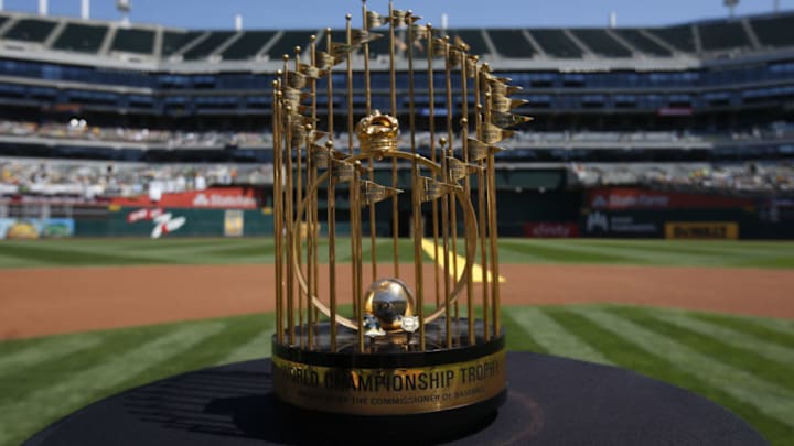 OAKLAND, CA - AUGUST 25: The 1989 World Series trophy is displayed on the field during a pregame ceremony honoring the Oakland Athletics 1989 World Series Championship team prior to the game between the Athletics and the San Francisco Giants at the Oakland-Alameda County Coliseum on August 25, 2019 in Oakland, California. The Giants defeated the Athletics 5-4. (Photo by Michael Zagaris/Oakland Athletics/Getty Images) OAKLAND, CA - AUGUST 25: The 1989 World Series trophy is displayed on the field during a pregame ceremony honoring the Oakland Athletics 1989 World Series Championship team prior to the game between the Athletics and the San Francisco Giants at the Oakland-Alameda County Coliseum on August 25, 2019 in Oakland, California. The Giants defeated the Athletics 5-4. (Photo by Michael Zagaris/Oakland Athletics/Getty Images)