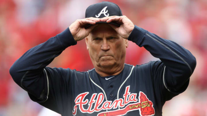 ST LOUIS, MISSOURI - OCTOBER 06: Brian Snitker #43 of the Atlanta Braves looks on prior to game three of the National League Division Series against the St. Louis Cardinals at Busch Stadium on October 06, 2019 in St Louis, Missouri. (Photo by Jamie Squire/Getty Images)