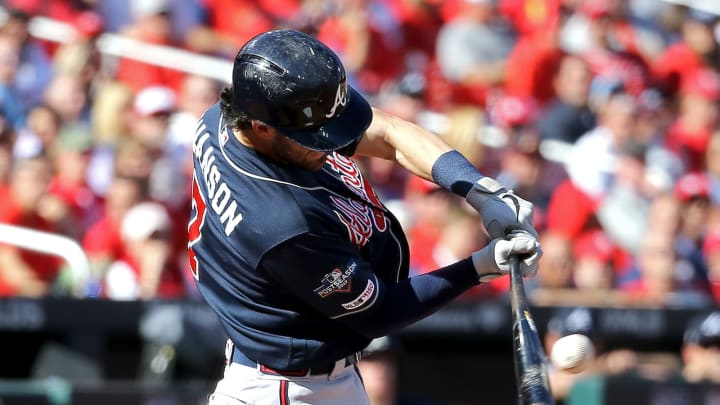 ST LOUIS, MISSOURI – OCTOBER 07: Dansby Swanson #7 of the Atlanta Braves hits a single against the St. Louis Cardinals during the third inning in game four of the National League Division Series at Busch Stadium on October 07, 2019 in St Louis, Missouri. (Photo by Scott Kane/Getty Images)