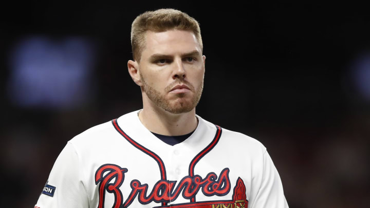 ATLANTA, GEORGIA – OCTOBER 09: Freddie  Freeman #5 of the Atlanta Braves reacts against the St. Louis Cardinals during the eighth inning in game five of the National League Division Series at SunTrust Park on October 09, 2019 in Atlanta, Georgia. (Photo by Todd Kirkland/Getty Images)