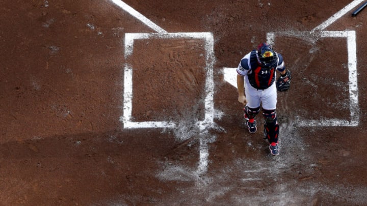 ATLANTA, GEORGIA - OCTOBER 09: Brian McCann #16 of the Atlanta Braves plays his position against the St. Louis Cardinals during the first inning in game five of the National League Division Series at SunTrust Park on October 09, 2019 in Atlanta, Georgia. (Photo by Kevin C. Cox/Getty Images)