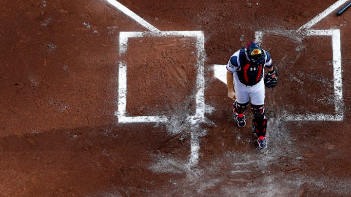 ATLANTA, GEORGIA - OCTOBER 09: Brian McCann #16 of the Atlanta Braves plays his position against the St. Louis Cardinals during the first inning in game five of the National League Division Series at SunTrust Park on October 09, 2019 in Atlanta, Georgia. (Photo by Kevin C. Cox/Getty Images)