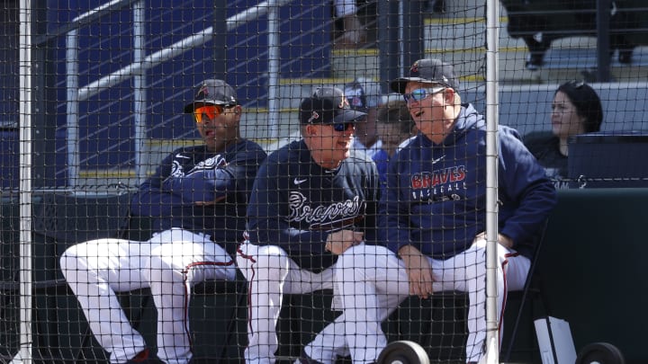 NORTH PORT, FL – FEBRUARY 22: Atlanta Braves coaches sit behind a screen as they look on during a Grapefruit League spring training game against the Baltimore Orioles at CoolToday Park on February 22, 2020 in North Port, Florida. The Braves defeated the Orioles 5-0. (Photo by Joe Robbins/Getty Images)