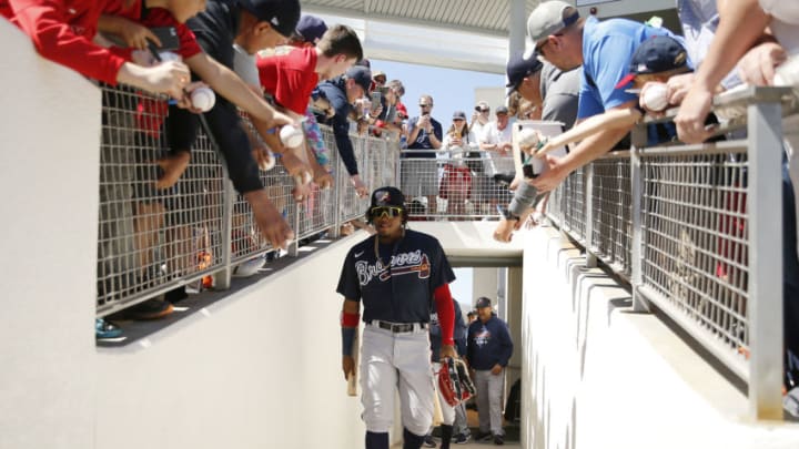 FORT MYERS, FLORIDA - MARCH 01: Ronald Acuna Jr. #13 of the Atlanta Braves walks to the field prior to a Grapefruit League spring training game against the Boston Red Sox at JetBlue Park at Fenway South on March 01, 2020 in Fort Myers, Florida. (Photo by Michael Reaves/Getty Images)