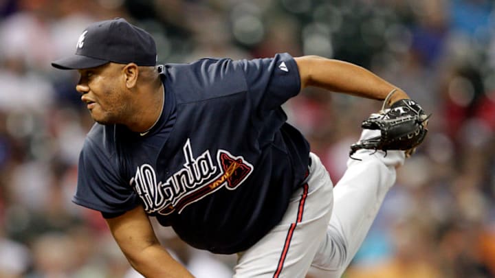 HOUSTON - APRIL 09: Livan Hernandez #61 of the Atlanta Braves throws against the Houston Astros at Minute Maid Park on April 9, 2012 in Houston, Texas. (Photo by Bob Levey/Getty Images)