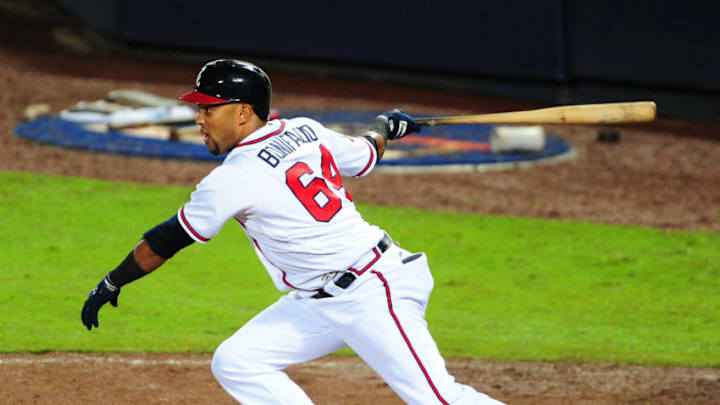 ATLANTA, GA - SEPTEMBER 27: Emilio Bonafacio #64 of the Atlanta Braves knocks in the eventual game winning run with an eighth inning single against the Philadelphia Phillies at Turner Field on September 27, 2016 in Atlanta, Georgia. (Photo by Scott Cunningham/Getty Images)