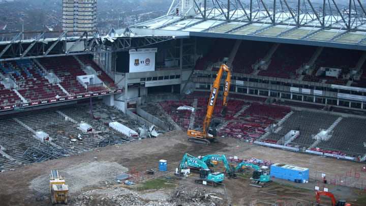 LONDON, ENGLAND – JANUARY 05: A general view of the stadium during the demolition of West Ham’s Boleyn Ground on December 18, 2016 in London, England. Local businesses are suffering as the former West Ham United ground is being demolished to make way for more than 800 homes. (Photo by Alex Pantling/Getty Images)