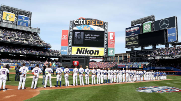 NEW YORK, NY - APRIL 03: The New York Mets honor the passing of Major League Baseball executive Katy Feeny before the Opening Day game between the New York Mets and the Atlanta Braves on April 3, 2017 at Citi Field in the Flushing neighborhood of the Queens borough of New York City. (Photo by Elsa/Getty Images)