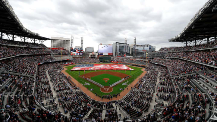 ATLANTA, GA - MARCH 29: A general view of SunTrust Park during the National Anthem prior to the game between the Atlanta Braves and the Philadelphia Phillies on March 29, 2018 in Atlanta, Georgia. (Photo by Kevin C. Cox/Getty Images)