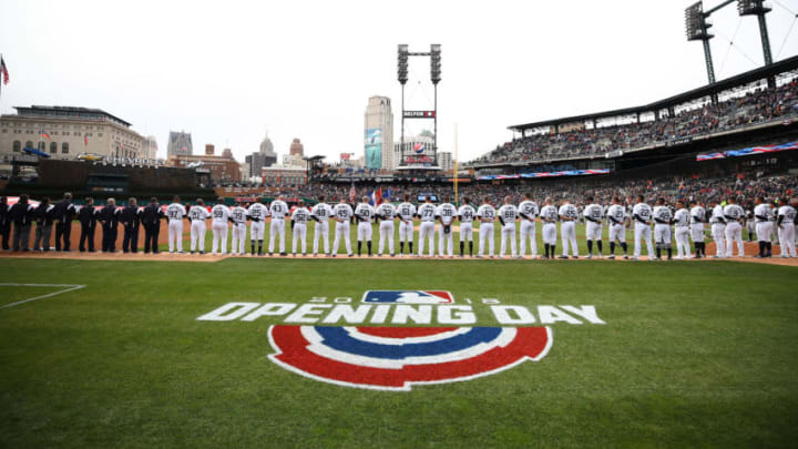 DETROIT, MI - MARCH 30: The National Anthem is performed prior to the Detroit Tigers playing the Pittsburgh Pirates on Opening Day at Comerica Park on March 30, 2017 in Detroit, Michigan. (Photo by Gregory Shamus/Getty Images)