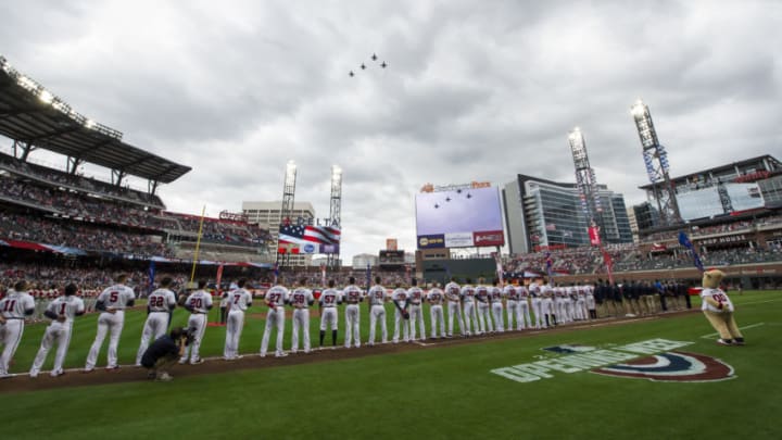 The Atlanta Braves wait for an opening day flyover. But not this year. (Photo by Patrick Duffy/Beam Imagination/Atlanta Braves/Getty Images)