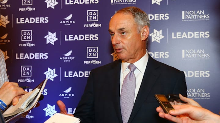 NEW YORK, NY - MAY 22: MLB Commissioner Rob Manfred is interviewed during the Leaders Sport Business Summit 2018 at the TimeCenter on May 22, 2018 in New York City. (Photo by Mike Stobe/Getty Images for Leaders)