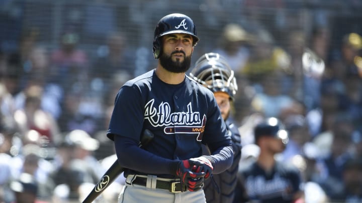 Nick Markakis of the Atlanta Braves looks on before a game against
