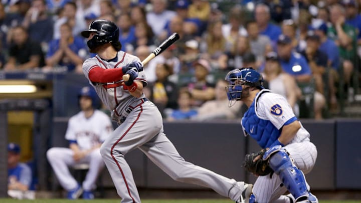 MILWAUKEE, WI - JULY 06: Dansby Swanson #7 of the Atlanta Braves hits a double in the seventh inning against the Milwaukee Brewers at Miller Park on July 6, 2018 in Milwaukee, Wisconsin. (Photo by Dylan Buell/Getty Images)