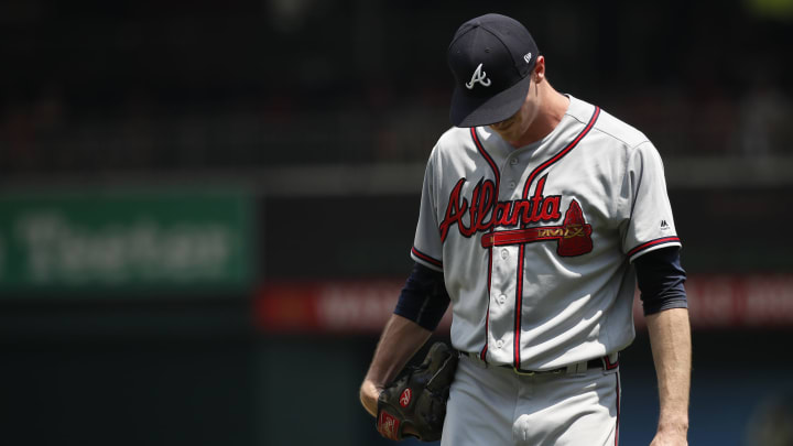 WASHINGTON, DC – AUGUST 07: Starting pitcher Max Fried #54 of the Atlanta Braves reacts after being hit by a line drive by Spencer Kieboom #64 of the Washington Nationals (not pictured) in the second inning at Nationals Park on August 7, 2018 in Washington, DC. (Photo by Patrick McDermott/Getty Images)