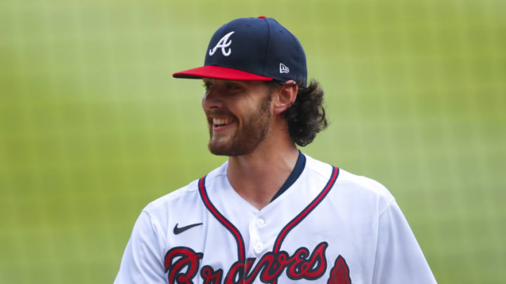 ATLANTA, GA - AUGUST 25: Ian Anderson #48 of the Atlanta Braves smiles as he heads to the dugout in the fifth inning of game one of the MLB doubleheader against the New York Yankees at Truist Park on August 26, 2020 in Atlanta, Georgia. (Photo by Todd Kirkland/Getty Images)