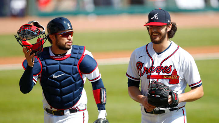 ATLANTA, GA - OCTOBER 01: Ian Anderson #48 has a laugh with Travis d'Arnaud #16 of the Atlanta Braves in the fifth inning of Game Two of the National League Wild Card Series against the Cincinnati Reds at Truist Park on October 1, 2020 in Atlanta, Georgia. (Photo by Todd Kirkland/Getty Images) ATLANTA, GA - OCTOBER 01: Ian Anderson #48 has a laugh with Travis d'Arnaud #16 of the Atlanta Braves in the fifth inning of Game Two of the National League Wild Card Series against the Cincinnati Reds at Truist Park on October 1, 2020 in Atlanta, Georgia. (Photo by Todd Kirkland/Getty Images)