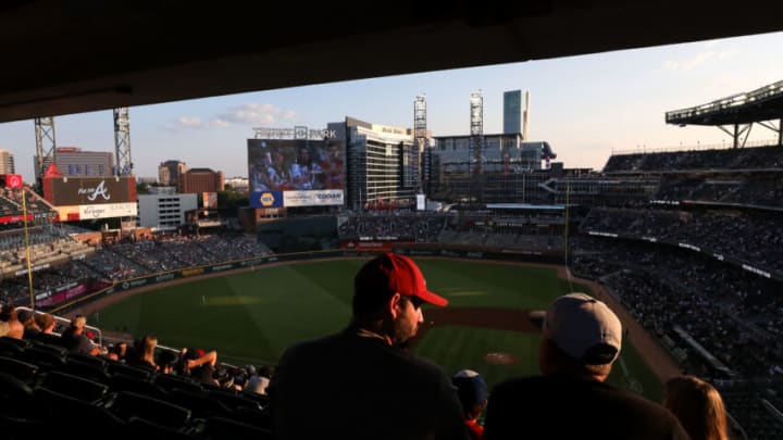 ATLANTA, GA - SEPTEMBER 17: The sun sets as fans get ready for a game between the Atlanta Braves and the Philadelphia Phillies at Truist Park on September 17, 2022 in Atlanta, Georgia. (Photo by Casey Sykes/Getty Images)