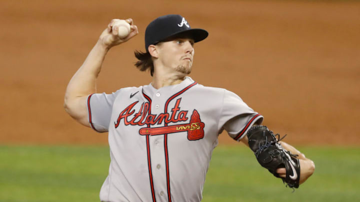 MIAMI, FLORIDA - AUGUST 14: Kyle Wright #30 of the Atlanta Braves delivers a pitch against the Miami Marlins at Marlins Park on August 14, 2020 in Miami, Florida. (Photo by Michael Reaves/Getty Images)
