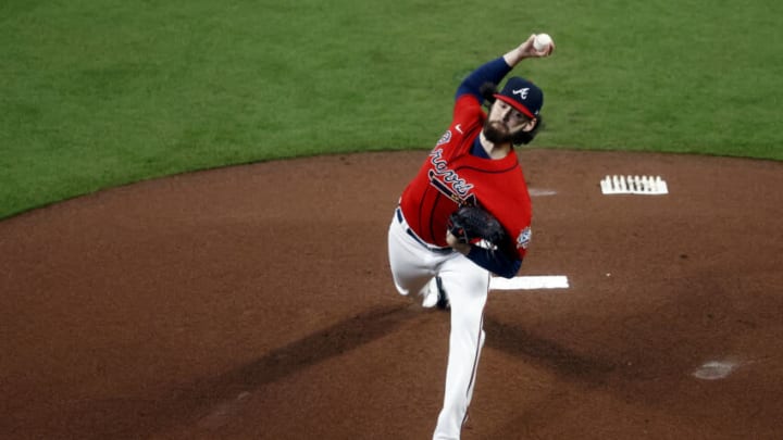 Ian Anderson of the Atlanta Braves delivers a pitch against the Houston Astros during the 1st inning in Game 3 of the World Series. (Photo by Michael Zarrilli/Getty Images)