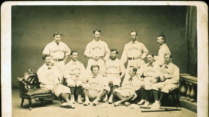 BOSTON, MA - 1874: The Champion Boston Red Stockings pose for a team portrait in 1874 in Boston, Massachusetts. They are: Top row - Cal McVey, Al Spalding, Deacon White, and Ross Barnes. Bottom row - Jim O'Rourke, Andy Leonard, George Wright, Harry Wright, George Hall, Harry Schaeffer, and Tommy Beals. (Photo Reproduction by Transcendental Graphics/Getty Images)