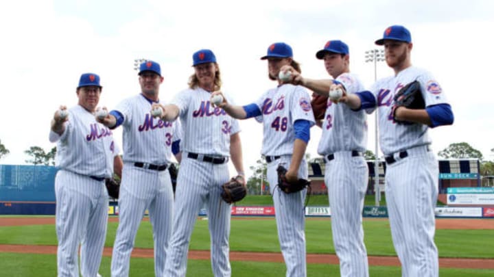 JUPITER, FL – MARCH 01: Pitchers (L-R) Bartolo Colon, Matt Harvey, Noah Syndergaard, Jacob deGrom, Steven Matz and Zack Wheeler pose for photos during media day at Traditions Field on March 1, 2016 in Port St. Lucie, Florida. (Photo by Marc Serota/Getty Images)