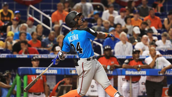 MIAMI, FL - JULY 09: Ronald Acuna #24 of the Atlanta Braves and the World Team swings at a pitch against the U.S. Team during the SiriusXM All-Star Futures Game at Marlins Park on July 9, 2017 in Miami, Florida. (Photo by Mike Ehrmann/Getty Images) MIAMI, FL - JULY 09: Ronald Acuna #24 of the Atlanta Braves and the World Team swings at a pitch against the U.S. Team during the SiriusXM All-Star Futures Game at Marlins Park on July 9, 2017 in Miami, Florida. (Photo by Mike Ehrmann/Getty Images)