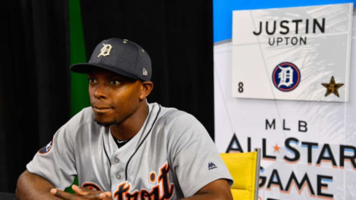 MIAMI, FL – JULY 10: Justin Upton #8 of the Detroit Tigers and the American League speaks with the media during Gatorade All-Star Workout Day ahead of the 88th MLB All-Star Game at Marlins Park on July 10, 2017 in Miami, Florida. (Photo by Mark Brown/Getty Images)