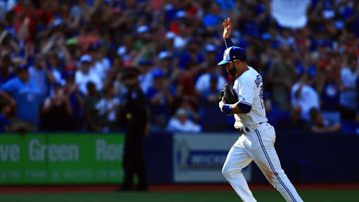 TORONTO, ON - SEPTEMBER 24: Jose Bautista #19 of the Toronto Blue Jays waves to the fans after he is pulled from the game in the ninth inning during MLB game action against the New York Yankees at Rogers Centre on September 24, 2017 in Toronto, Canada. (Photo by Vaughn Ridley/Getty Images)