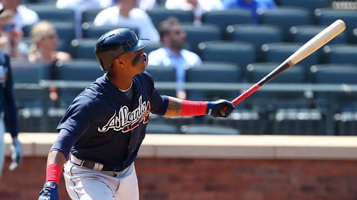 NEW YORK, NY - MAY 03: Ronald Acuna Jr. #13 of the Atlanta Braves connects on a solo home run in the fifth inning against the New York Mets at Citi Field on May 3, 2018 in the Flushing neighborhood of the Queens borough of New York City. (Photo by Mike Stobe/Getty Images)