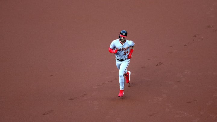 BALTIMORE, MD – MAY 29: Bryce Harper #34 of the Washington Nationals rounds the bases after hitting a solo home run against the Baltimore Orioles in the first inning at Oriole Park at Camden Yards on May 29, 2018 in Baltimore, Maryland. (Photo by Rob Carr/Getty Images)