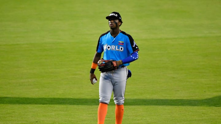MIAMI, FL - JULY 09: Ronald Acuna #24 of the Atlanta Braves and the World Team warms up prior to the SiriusXM All-Star Futures Game at Marlins Park on July 9, 2017 in Miami, Florida. (Photo by Mark Brown/Getty Images)