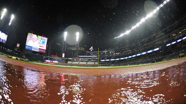 ATLANTA, GA - SEPTEMBER 5: The Atlanta Braves and the Texas Rangers wait out a pregame rain delay at SunTrust Park on September 5, 2017 in Atlanta, Georgia. (Photo by Scott Cunningham/Getty Images)