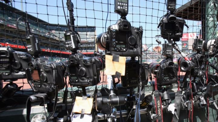 SAN FRANCISCO - JULY 26: A general view of media photographers cameras mounted on the fence ready to snap Barry Bonds history making hit taken before the game between the San Francisco Giants and the Atlanta Braves at AT