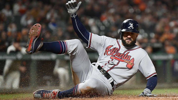 SAN FRANCISCO, CA - SEPTEMBER 11: Nick Markakis #22 of the Atlanta Braves scores on a sacrifice fly from Ender Inciarte #11 against the San Francisco Giants in the top of the fourth inning at AT&T Park on September 11, 2018 in San Francisco, California. (Photo by Thearon W. Henderson/Getty Images)