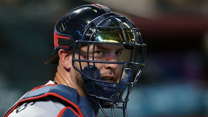PHOENIX, AZ - SEPTEMBER 09: Catcher Tyler Flowers #25 of the Atlanta Braves looks to the dugout during the third inning of an MLB game against the Arizona Diamondbacks at Chase Field on September 9, 2018 in Phoenix, Arizona. (Photo by Ralph Freso/Getty Images) PHOENIX, AZ - SEPTEMBER 09: Catcher Tyler Flowers #25 of the Atlanta Braves looks to the dugout during the third inning of an MLB game against the Arizona Diamondbacks at Chase Field on September 9, 2018 in Phoenix, Arizona. (Photo by Ralph Freso/Getty Images)