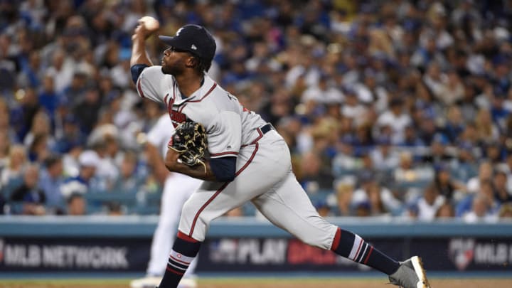 LOS ANGELES, CA - OCTOBER 05: Touki Toussaint #62 of the Atlanta Braves delivers the pitch during the seventh inning against the Los Angeles Dodgers during Game Two of the National League Division Series at Dodger Stadium on October 5, 2018 in Los Angeles, California. (Photo by Kevork Djansezian/Getty Images)