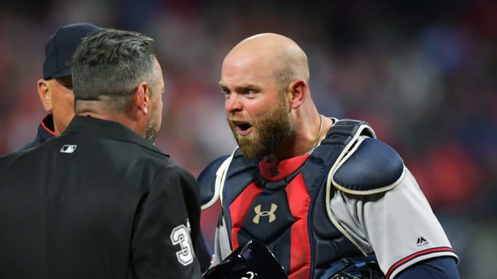 PHILADELPHIA, PA – MARCH 31: Brian McCann #16 of the Atlanta Braves argues with home plate umpire Rob Drake #30 after he ejecting Shane Carle #51 of the Atlanta Braves for hitting Rhys Hoskins #17 of the Philadelphia Phillies in the seventh inning at Citizens Bank Park on March 31, 2019 in Philadelphia, Pennsylvania. (Photo by Drew Hallowell/Getty Images)