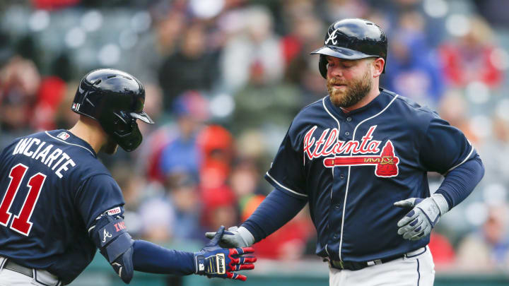 CLEVELAND, OH – APRIL 20: Brian  McCann #16 of the Atlanta Braves celebrates with Ender  Inciarte #11 after hitting a solo home run off Corey  Kluber #28 of the Cleveland Indians during the seventh inning of Game 1 of a doubleheader at Progressive Field on April 20, 2019 in Cleveland, Ohio. The Indians defeated the Braves 8-4. (Photo by Ron Schwane/Getty Images)