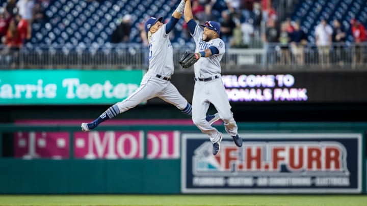 WASHINGTON, DC - April 27: Manuel Margot #7 and Fernando Tatis Jr. #23 of the San Diego Padres celebrate after beating the Washington Nationals at Nationals Park on April 27, 2019 in Washington, DC. (Photo by Scott Taetsch/Getty Images)