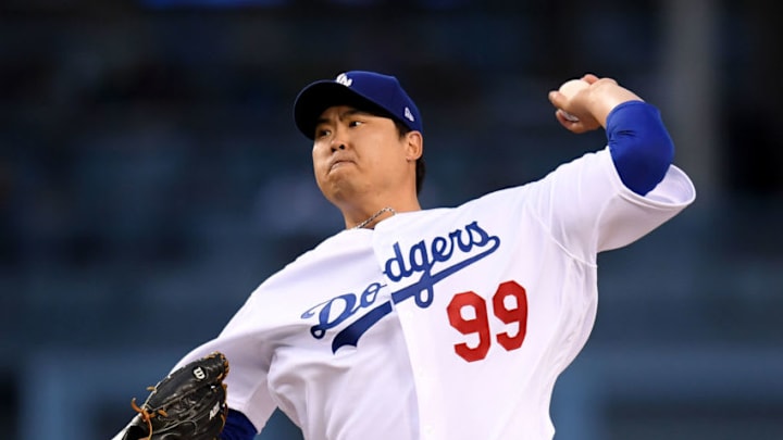 LOS ANGELES, CALIFORNIA - MAY 07: Hyun-Jin Ryu #99 of the Los Angeles Dodgers pitches during the first inning against the Atlanta Braves at Dodger Stadium on May 07, 2019 in Los Angeles, California. (Photo by Harry How/Getty Images)
