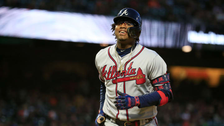 SAN FRANCISCO, CALIFORNIA – MAY 20: Ronald Acuna Jr. #13 of the Atlanta Braves celebrates a home run during the seventh inning against the San Francisco Giants at Oracle Park on May 20, 2019 in San Francisco, California. (Photo by Daniel Shirey/Getty Images)